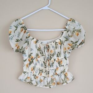 Small Japan Lemon And Floral Print Shirt Top Sheer Sleeves Lined Body